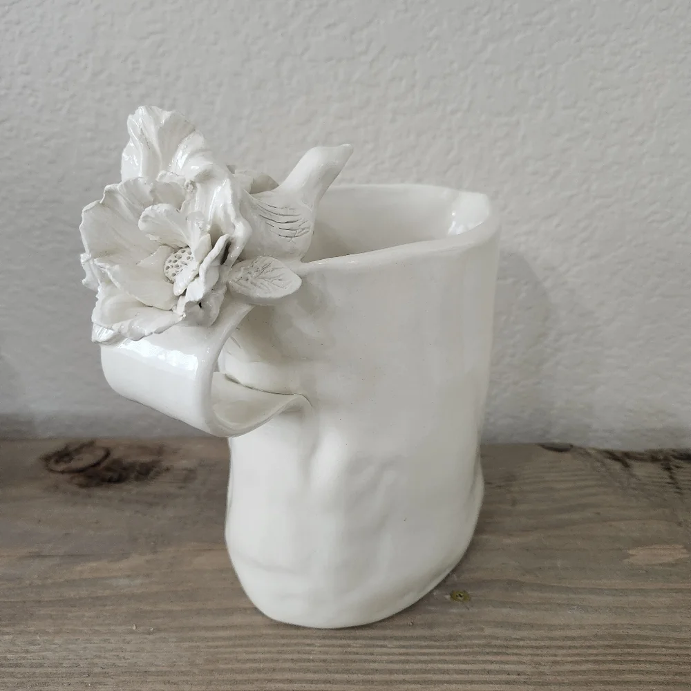 Vintage Handmade White Bird Flower  Delicate Ceramic Pitcher Vase